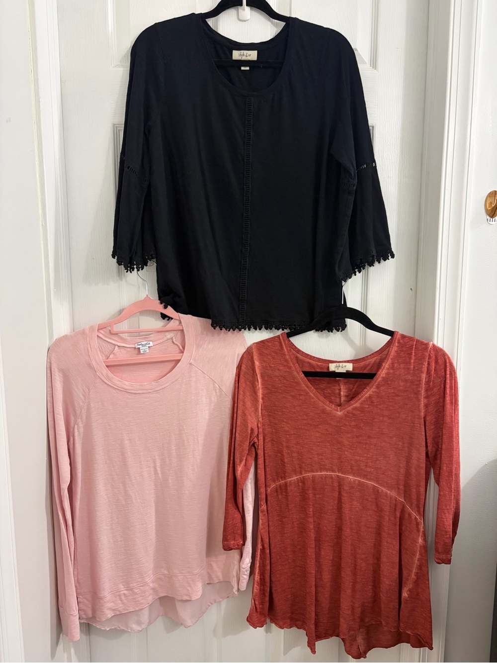 Three lightweight Tops, Black, Pink, and Rust. Size small